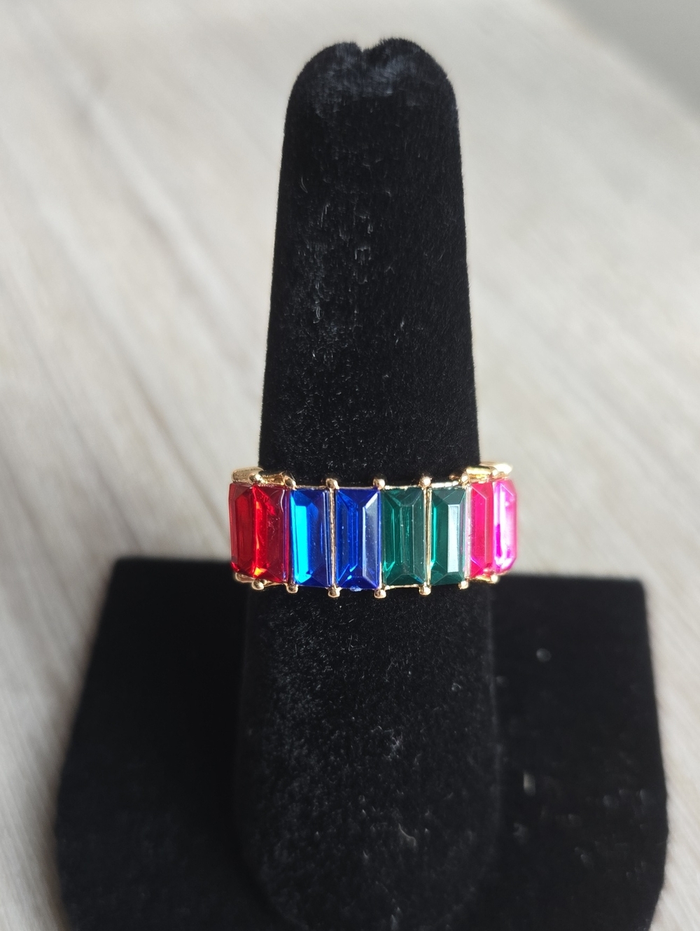 Gold Multicolor Emerald-Cut Crystal Band Ring - Women Jewelry.Size 7.5.